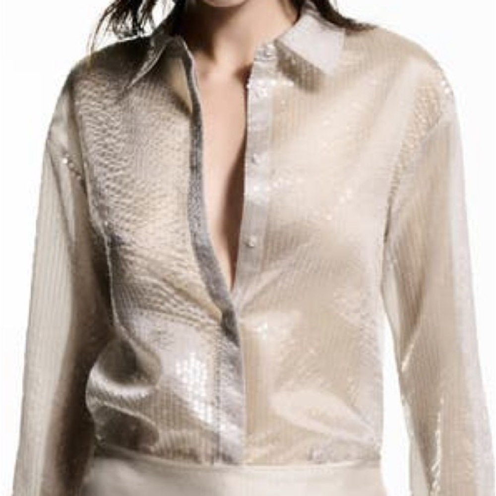 Mango Shimmering semi transparent Beige Button Down Shirt